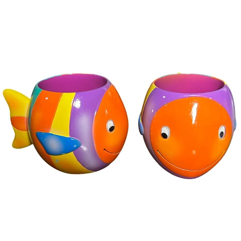 Vintage 2000's Tropical Fish Tea Cup/ Candle Holders Set of 2 Multicolor Resin